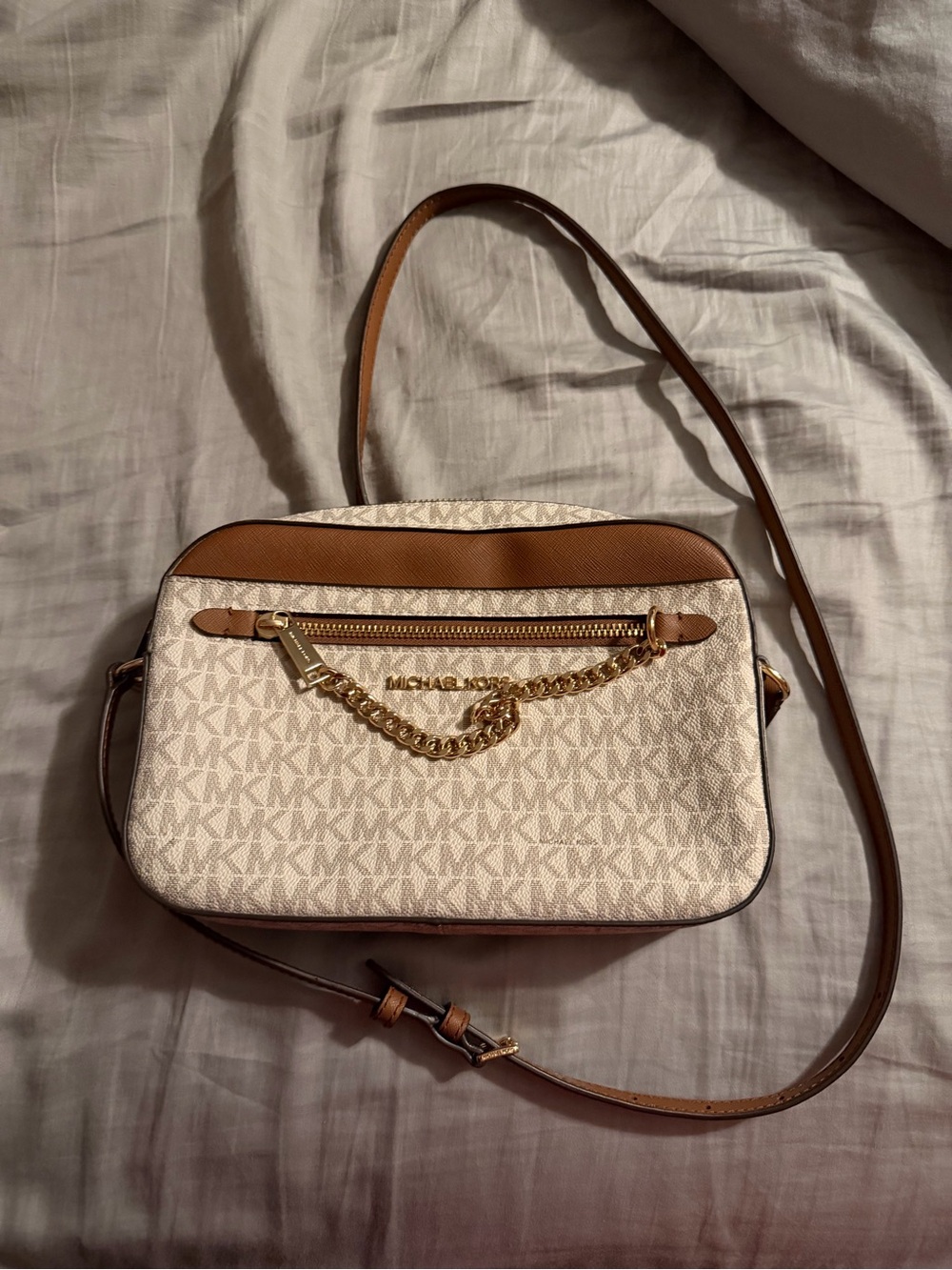Michael Kors Cream Monogram Crossbody with Brown Trim and Gold Hardware